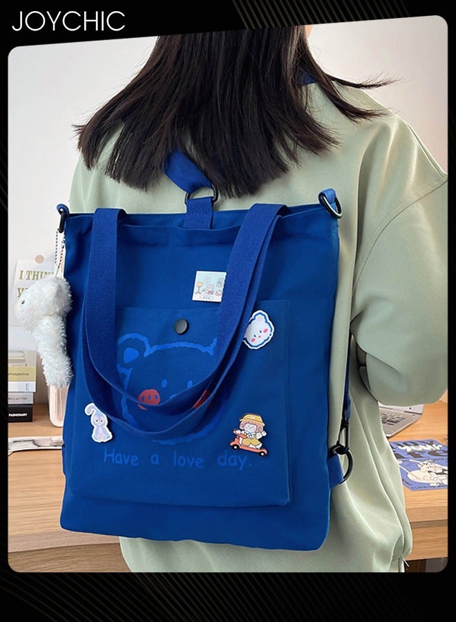 Joychic Lovely Bear Printed Canvas Bag Large Capacity Casual Student Backpack Multifunction Tote Bag with Cartoon Pendant Blue for Middle High School Students - Image 5