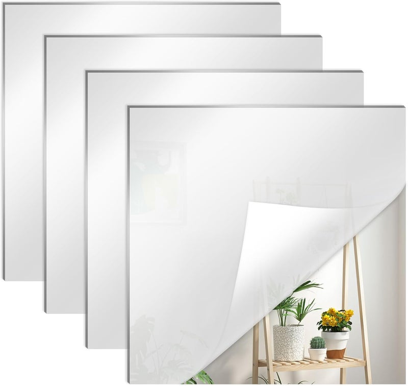Quacc 4 PCS Self Adhesive Mirrors 8" x 8" Mirror Tiles, Acrylic Mirror Frameless Mirror Tiles for Full Body Mirror Bathroom Living Room Kitchen - Image 1