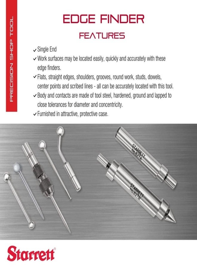 Starrett Edge Finder - Ideal for Flat, Straight Edges, Centers and Scribed Lines - .200" Contact Diameter, .375" Body Diameter, Single End with Protective Case - 827A - Image 2