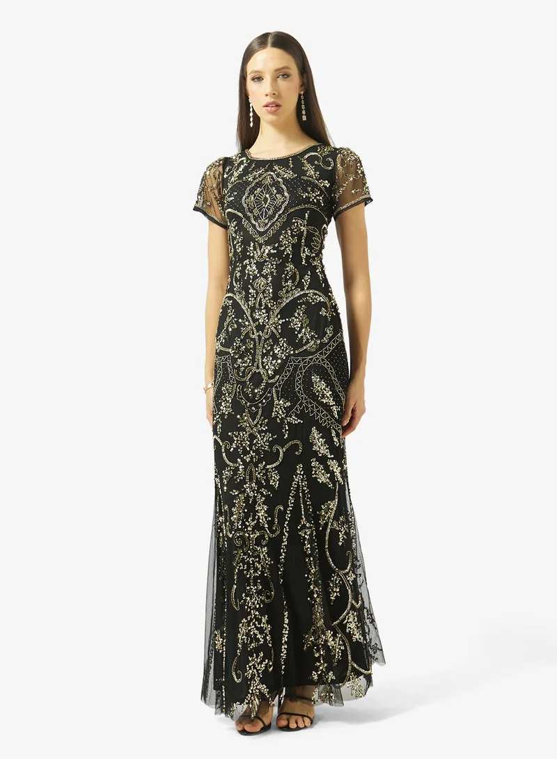 Amelia Rose Embellished Crew neck sequin maxi dress