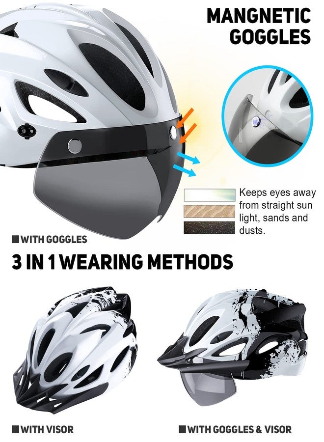 tadpole Bike Helmet with USB Rechargeable LED Light Detachable Goggles and Sun Visor, Mountain & Road Bicycle Helmets for Men Women Adult Cycling Helmets (Black+White) - Image 2