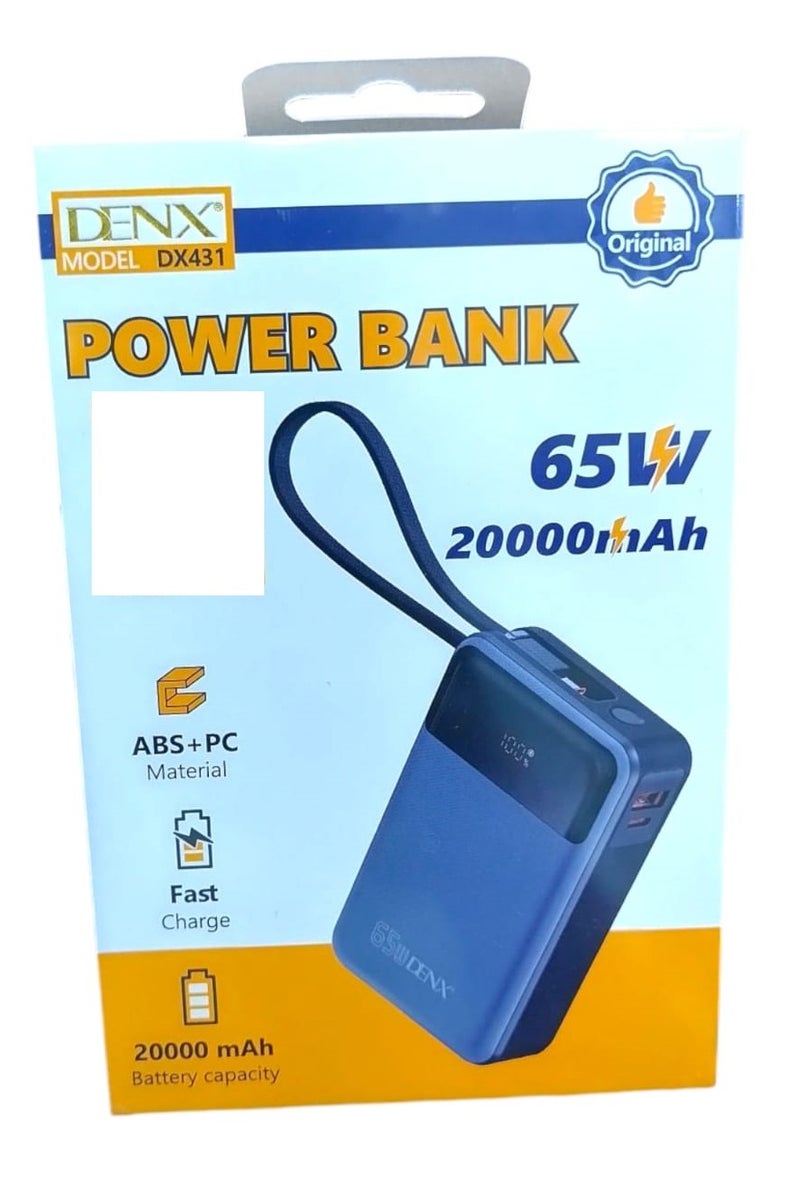 Denx 20000mAh Power bank with a digital display screen and 65W fast charging power bank distinguished by the small size and two built-in cables (Lightning & Type-C), and two charging ports Type-C PD/USB - Image 2