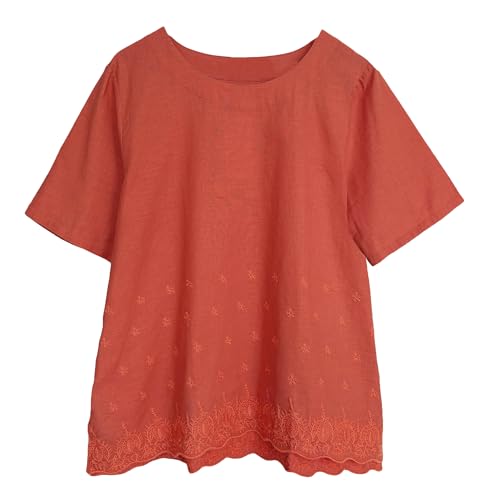 Minibee Women's Summer Linen Tunic Shirt High Low Hem Embroidery Blouse Top Orange M - Image 5