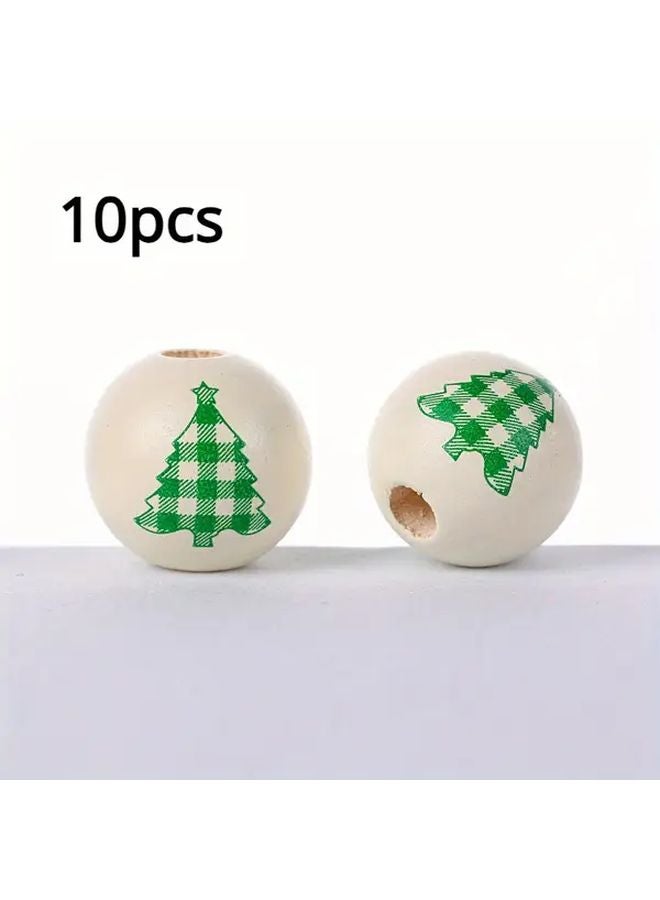 10pcs 16mm Natural Pine Wood Beads Green White  Tree Checkered Print - Image 1