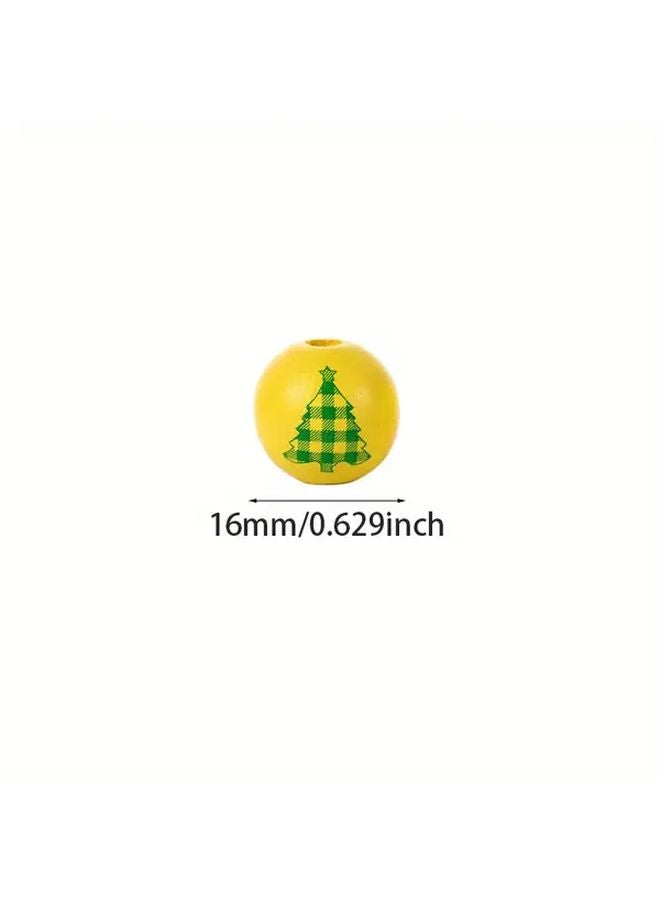 10pcs 16mm Natural Pine Wood Beads Green White  Tree Checkered Print - Image 5
