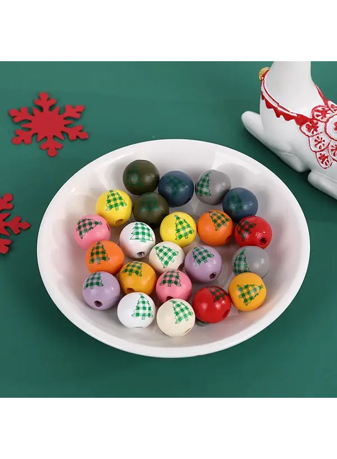 10pcs 16mm Natural Pine Wood Beads Green White  Tree Checkered Print - Image 3