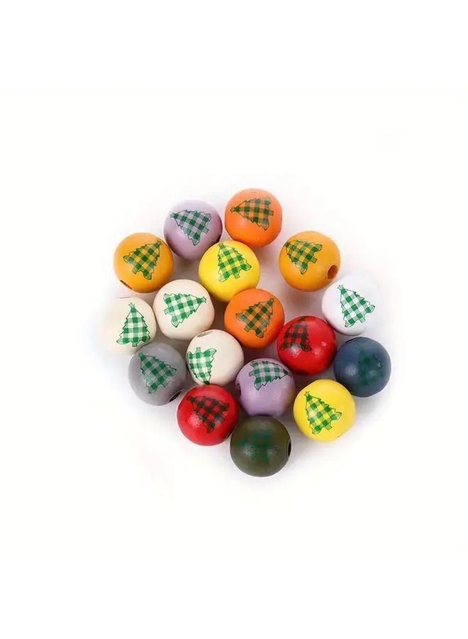 10pcs 16mm Natural Pine Wood Beads Green White  Tree Checkered Print - Image 2