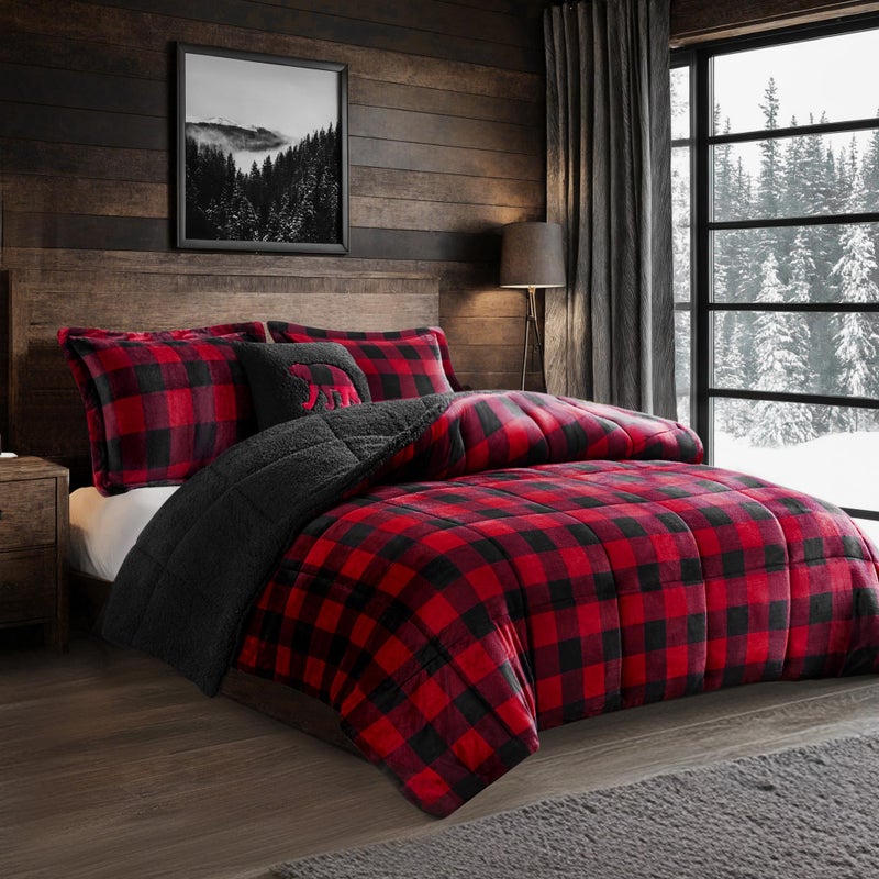 Woolrich Reversible Comforter Set Ultra Soft Plush to Sherpa Down Alternative Cold Weather Winter Warm Bedding with Matching Sham Decorative Pillow RedBlack Buffalo Check King 4 Piece