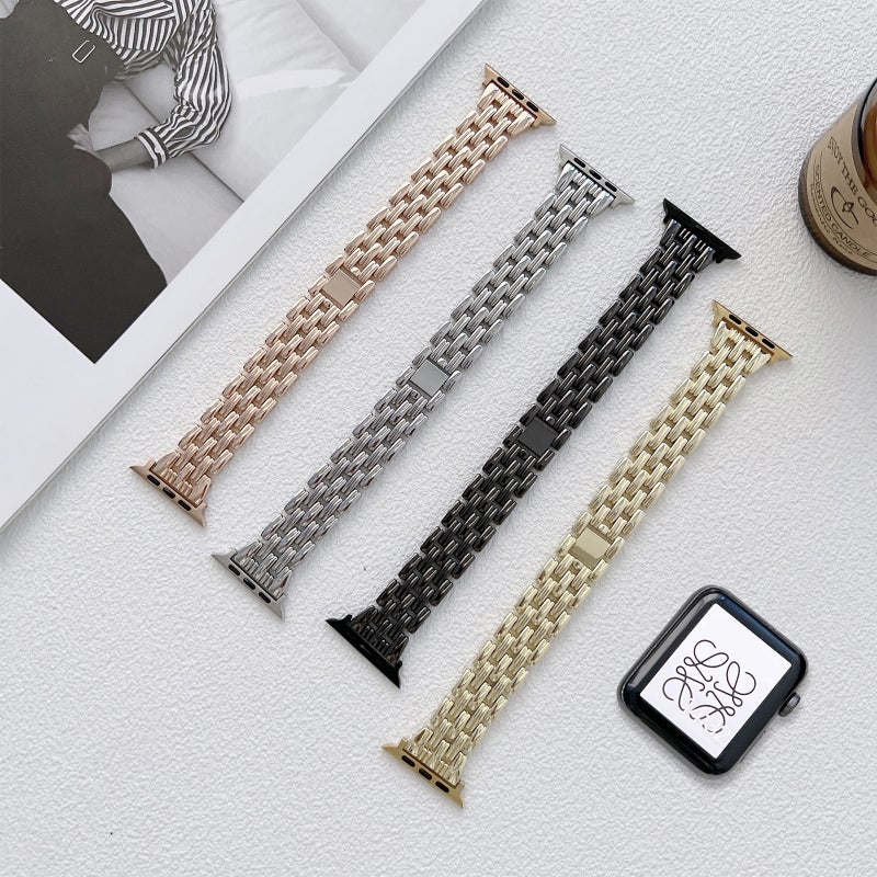 Five Baht Stripes Stainless Steel Strap Watch Band For Apple Watch Ultra 49mm&Watch Ultra 2 49mm / Series 9&8&7 45mm / SE 3&SE 2&6&SE&5&4 44mm / 3&2&1 42mm(Rose Gold)