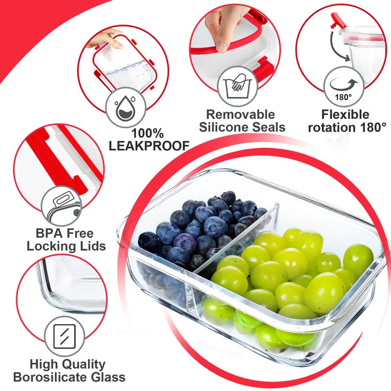 VERONES 10 Pack Glass Meal Prep Containers 2 Compartment Set, 30 OZ Airtight Glass Lunch Containers, Food Storage Containers with Lids, for Microwave, Oven, Freezer & Dishwasher Friendlyï¼ŒRed - Image 4