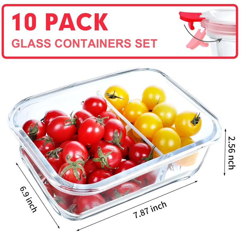 VERONES 10 Pack Glass Meal Prep Containers 2 Compartment Set, 30 OZ Airtight Glass Lunch Containers, Food Storage Containers with Lids, for Microwave, Oven, Freezer & Dishwasher Friendlyï¼ŒRed - Image 2