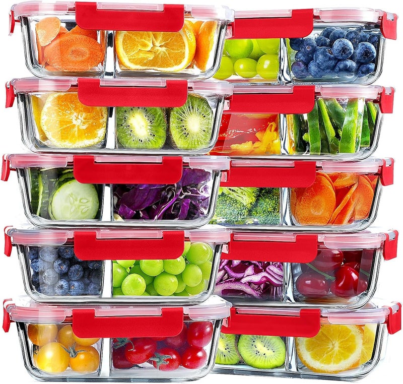 VERONES 10 Pack Glass Meal Prep Containers 2 Compartment Set, 30 OZ Airtight Glass Lunch Containers, Food Storage Containers with Lids, for Microwave, Oven, Freezer & Dishwasher Friendlyï¼ŒRed - Image 1