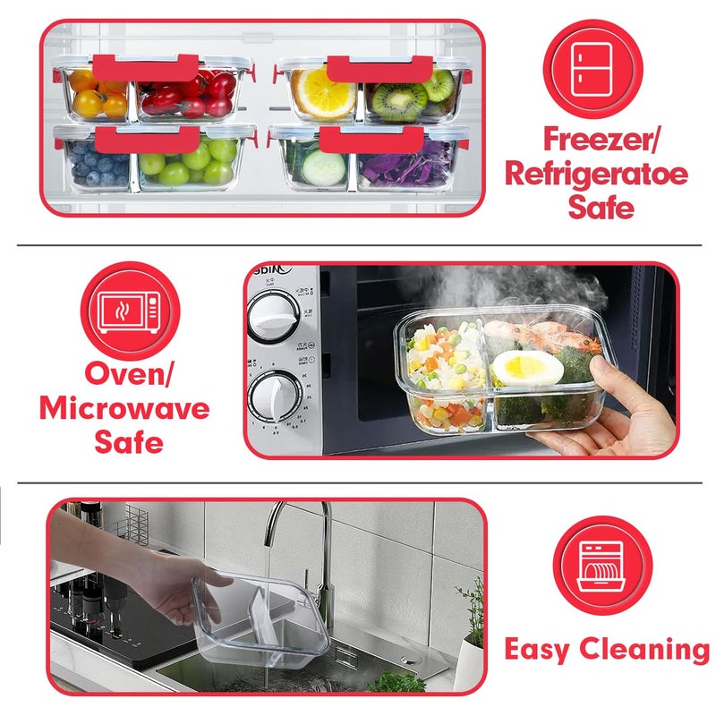 VERONES 10 Pack Glass Meal Prep Containers 2 Compartment Set, 30 OZ Airtight Glass Lunch Containers, Food Storage Containers with Lids, for Microwave, Oven, Freezer & Dishwasher Friendlyï¼ŒRed - Image 3