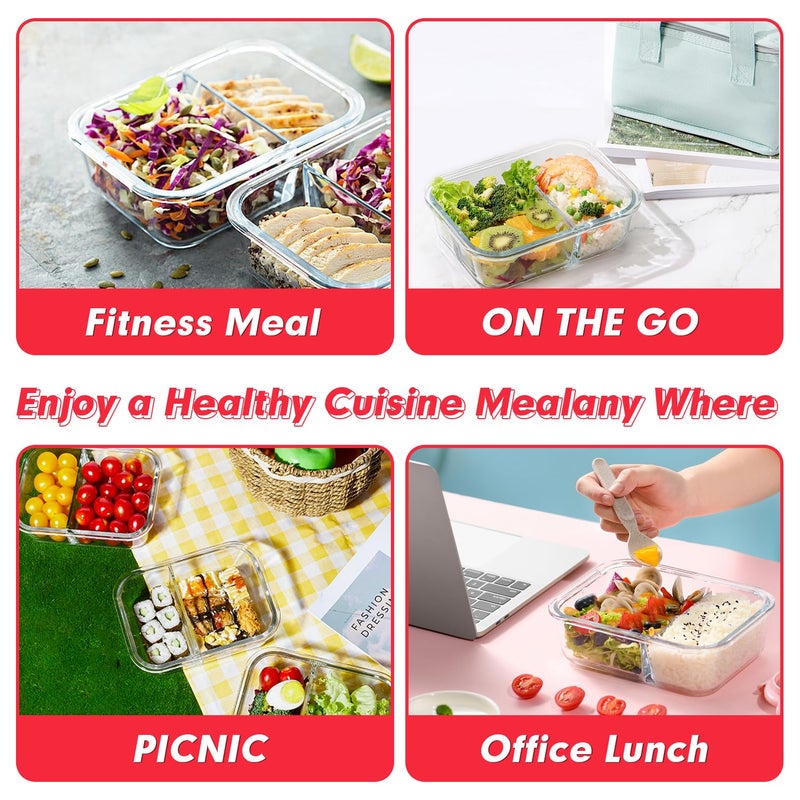 VERONES 10 Pack Glass Meal Prep Containers 2 Compartment Set, 30 OZ Airtight Glass Lunch Containers, Food Storage Containers with Lids, for Microwave, Oven, Freezer & Dishwasher Friendlyï¼ŒRed - Image 5