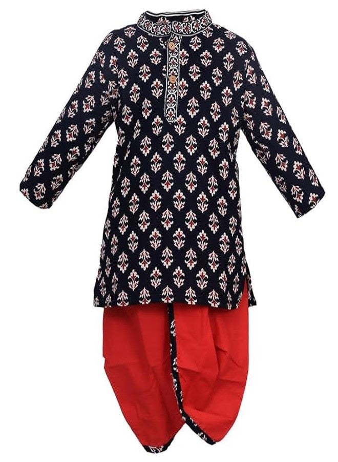 LITTLE DREAMS Traditional Jaipuri Print Dhoti & Kurta Set Special for Kids Black & Red 2-3 Y - Image 1