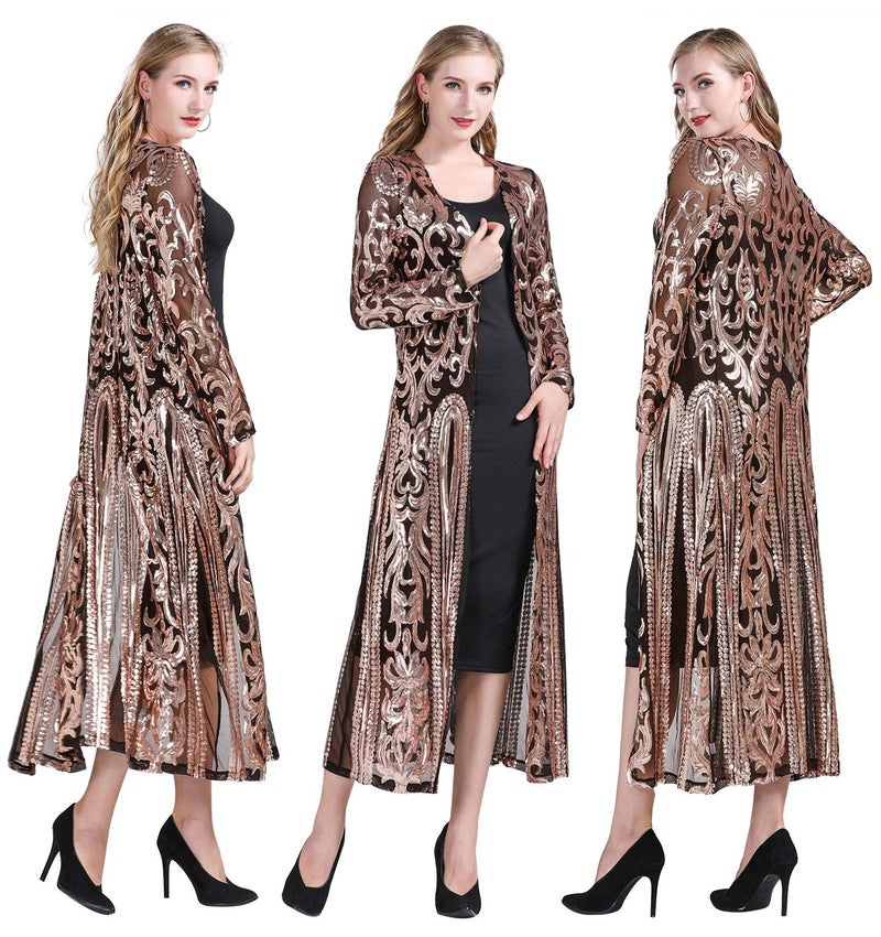 ZX Z&X Women's Sparkling Sequin 1920s Cover Up Loose Open Front Long Sleeve Cardigan Coat Dress for Evening Party Large Black - Image 2