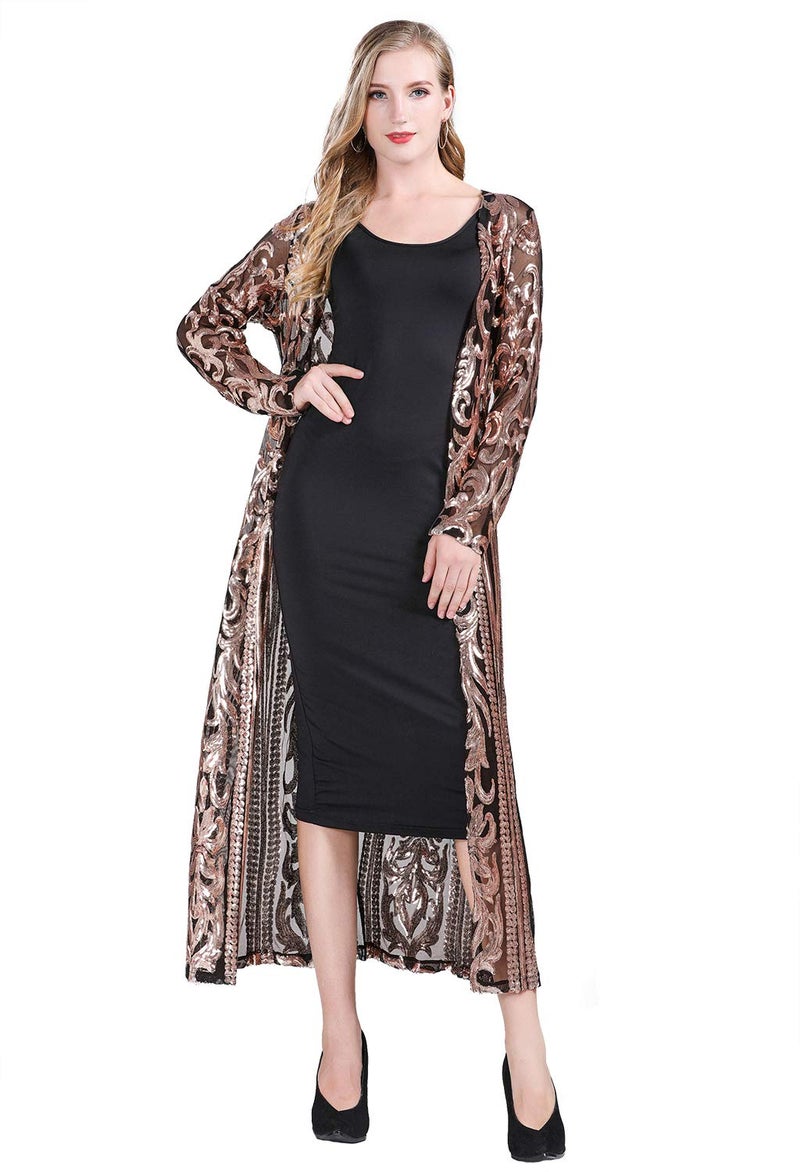 ZX Z&X Women's Sparkling Sequin 1920s Cover Up Loose Open Front Long Sleeve Cardigan Coat Dress for Evening Party Large Black - Image 5