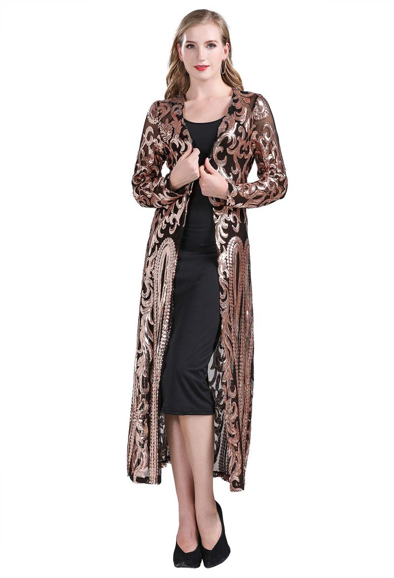 ZX Z&X Women's Sparkling Sequin 1920s Cover Up Loose Open Front Long Sleeve Cardigan Coat Dress for Evening Party Large Black - Image 4