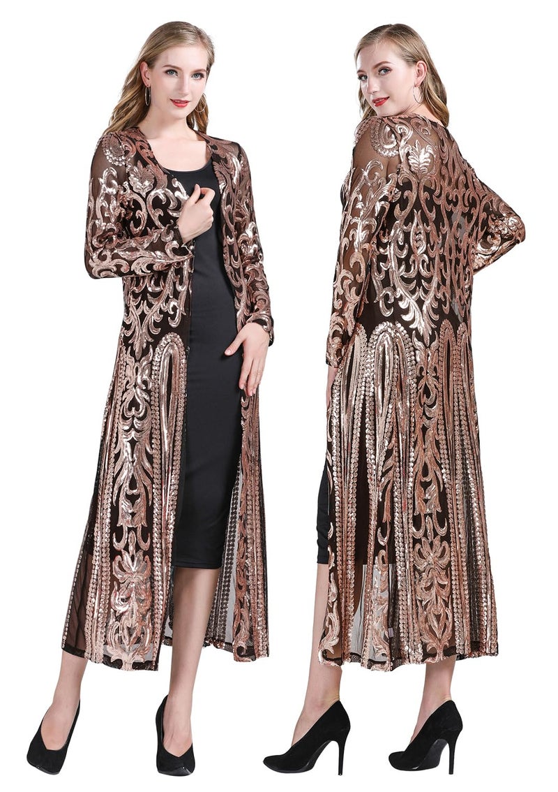 ZX Z&X Women's Sparkling Sequin 1920s Cover Up Loose Open Front Long Sleeve Cardigan Coat Dress for Evening Party Large Black - Image 1