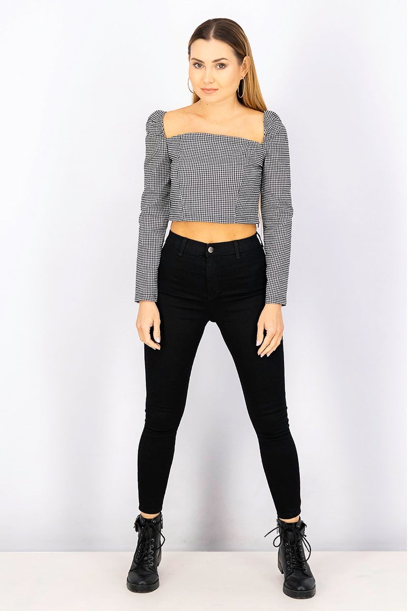 Jennyfer Women Squared Neck Long Sleeves Gingham Blouse, Black and White - Image 3