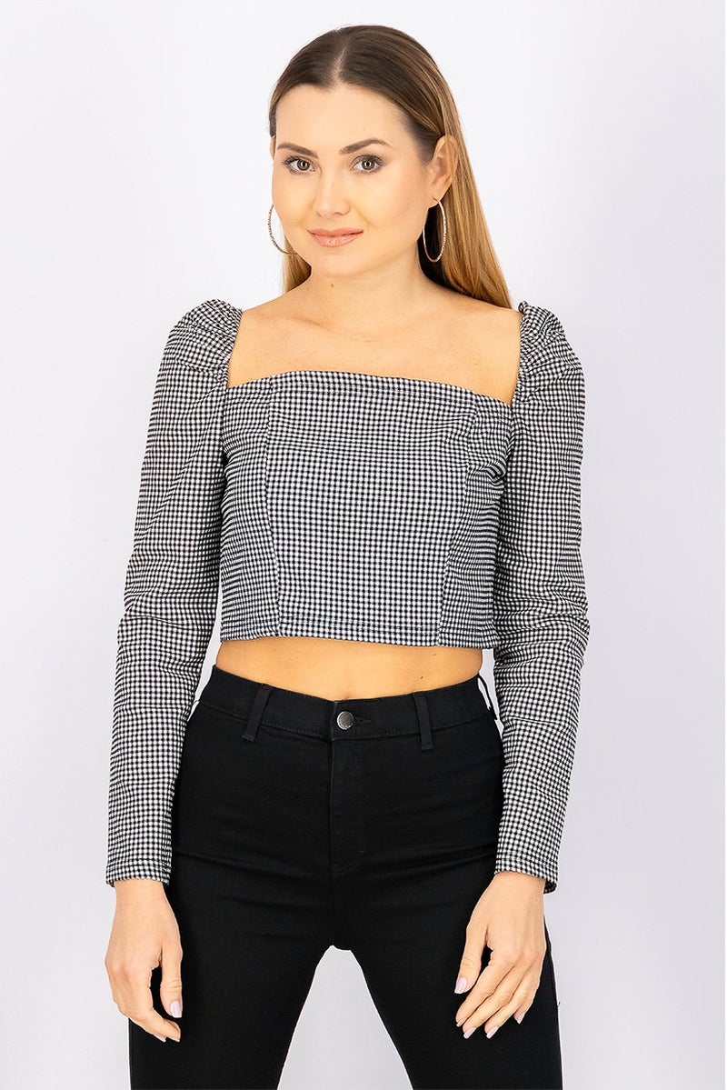 Jennyfer Women Squared Neck Long Sleeves Gingham Blouse, Black and White - Image 1