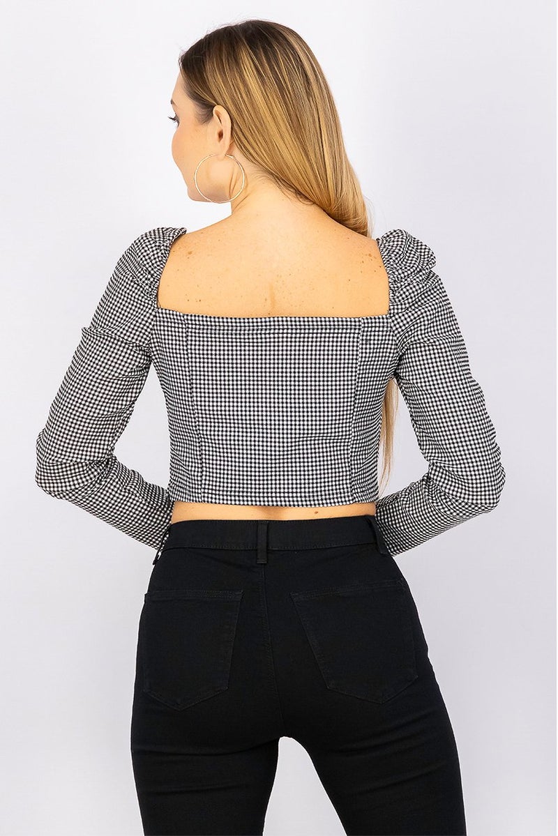 Jennyfer Women Squared Neck Long Sleeves Gingham Blouse, Black and White - Image 2