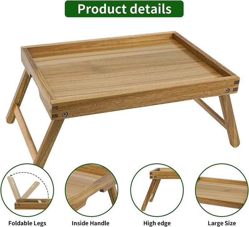 Dantawood Acacia Bed Table Tray, Wooden Breakfast Tray with Folding Legs, Bed Tray for Eating and Laptop, Eating Trays for Bedroom (Natural Wooden) - Image 5