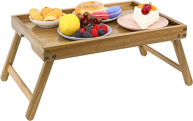 Dantawood Acacia Bed Table Tray, Wooden Breakfast Tray with Folding Legs, Bed Tray for Eating and Laptop, Eating Trays for Bedroom (Natural Wooden) - Image 2