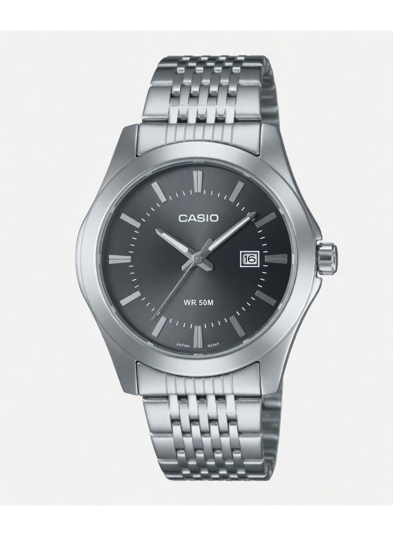 Casio MTP-VD01D-1B Enticer Men's Round Analog Watch with Black Sunray Dial and Stainless Steel Bracelet