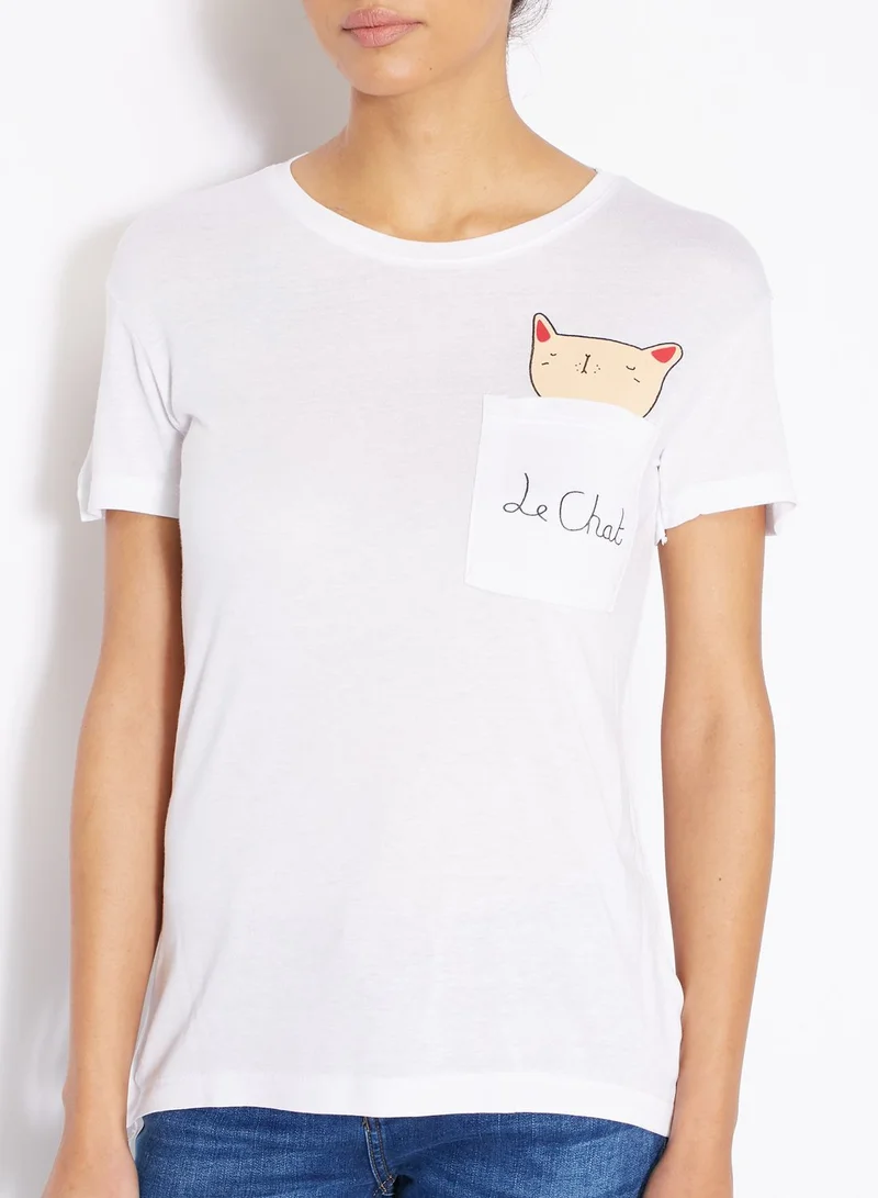 Ginger Cat Printed Pocket T-Shirt