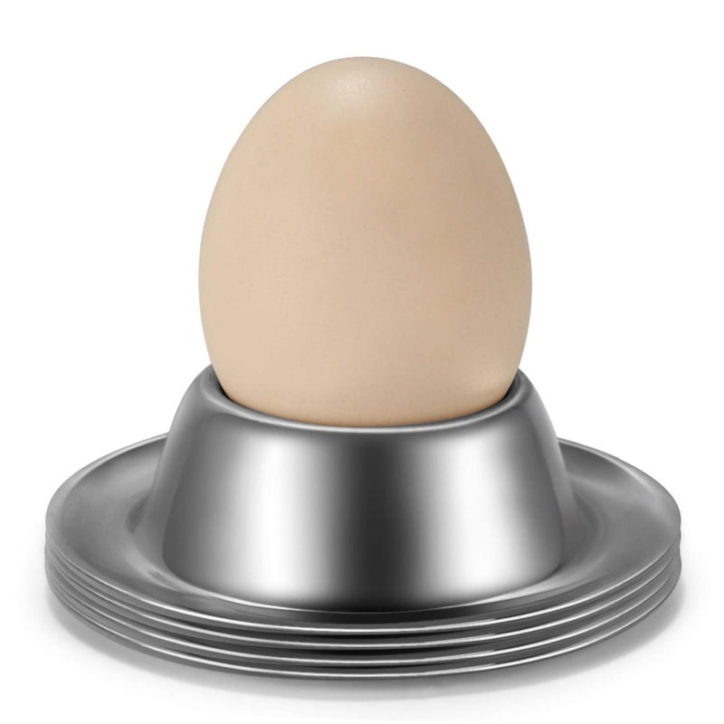 Flexzion Egg Cup Holder Set of 4 Pack  Stainless Steel Egg Cups Plates Four Pieces Serveware Tableware Holder Accessories for Hard Soft Boiled Egg Spoon Breakfast Brunch Kitchen Restaurant Display
