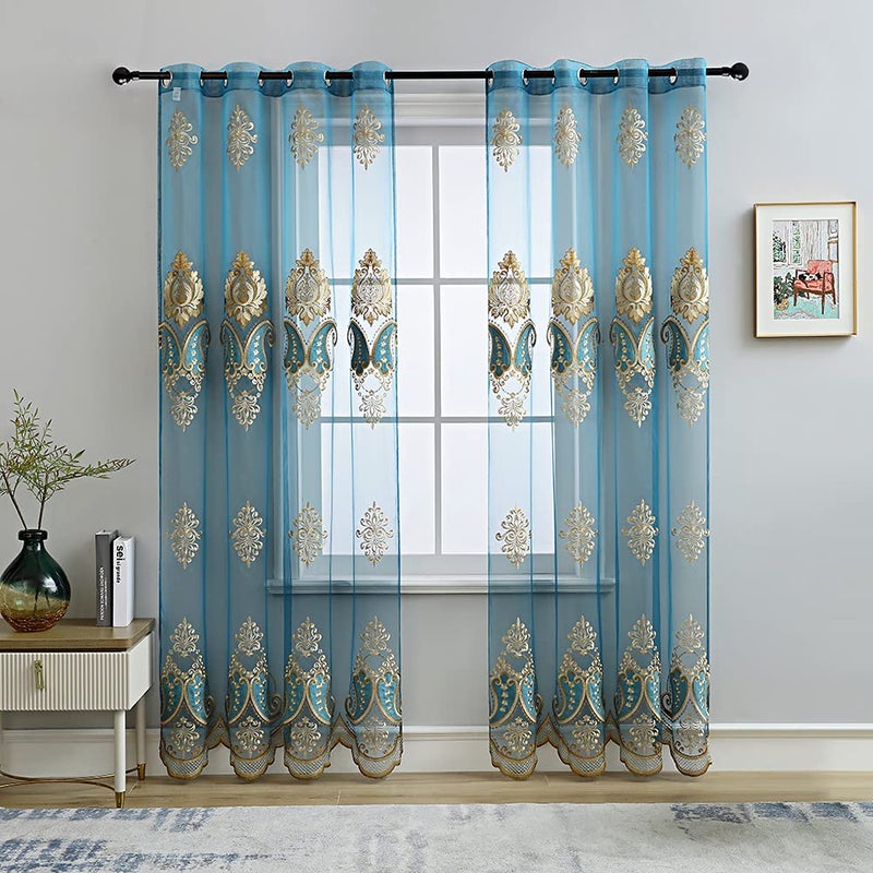 ELKCA Luxury Embroidered Sheer Curtains for Living Room Peacock Blue Tulle Curtains for Bedroom Transparent Yarn CurtainGrommet Top52 W x 84 L2 Panels