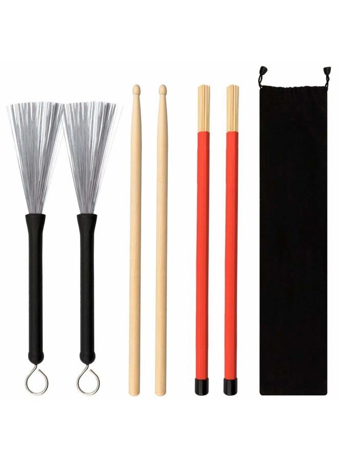 GOGHOST Drum Sticks Bag Set - 5A Maple Wood Drum Sticks 1 Pair Drum Wire Brushes Retractable Drum Stick Brush and 1 Pair Rods Drum Sticks for Jazz Acoustic Folk Music Lover Gift - Image 1