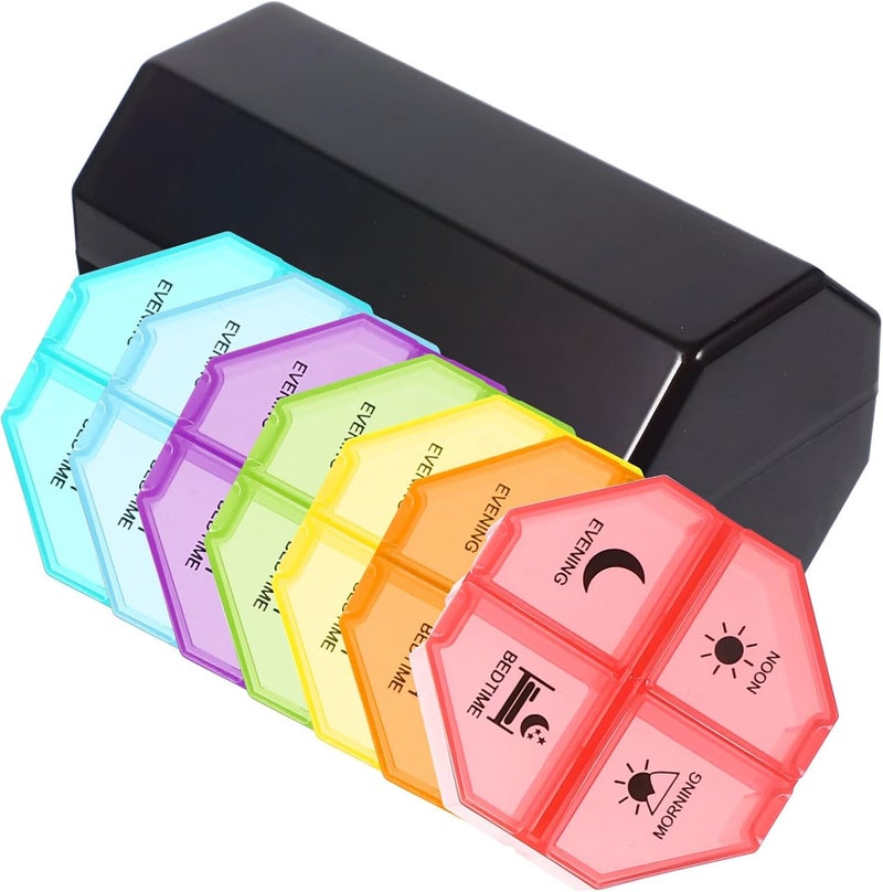7-Day Portable Pill Organizer Box Small Travel Pill Case with 4 Compartments Black with Rainbow Lid for Tablets and Supplements - Image 1