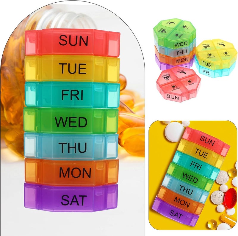 7-Day Portable Pill Organizer Box Small Travel Pill Case with 4 Compartments Black with Rainbow Lid for Tablets and Supplements - Image 3