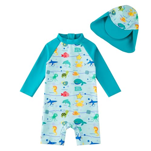 upandfast Baby/Toddler Swimsuit UPF 50+ Sun Protection One Piece Zipper Bathing Suit with Sun Hat Infant Beach Swimwear (Marine Life,12-18 Months) - Image 1