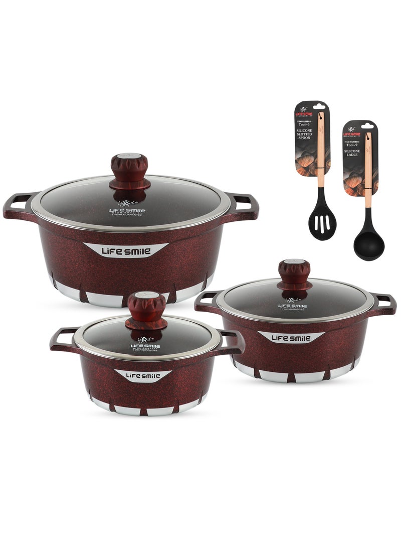 Life Smile - Cookware Set 8 pieces - Pots set Oven Safe, Granite Non Stick Coating 100% PFOA FREE, Die Cast aluminum Cooking Set include Casseroles And Silicone Utensils|24/28/32CM| - Image 1