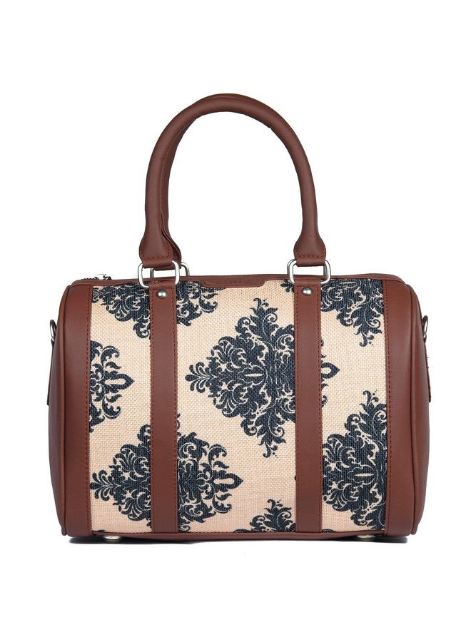 ZOUK حقائب يد نسائية مصنوعة يدويًا من الجلد النباتي بنقشة بيج مع مقبضين مزدوجين وحزام قابل للفصل - نقشة مغولية - Image 1