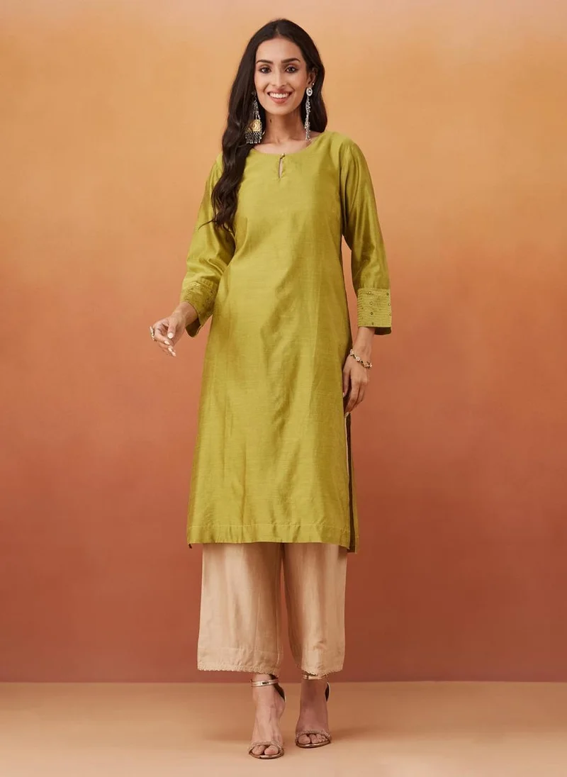 فاب انديا Green Cotton Silk Embroidered Knee Length Kurta