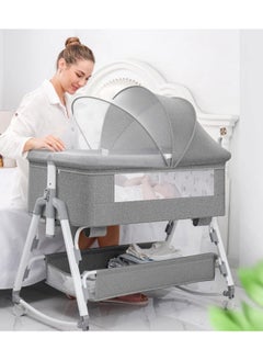 Baby Bassinet bed With Large Storage Basket, Side Mesh Portable Infant Travel Crib,Adjustable Height Soft Mattress with Swivel Wheels mosquito net