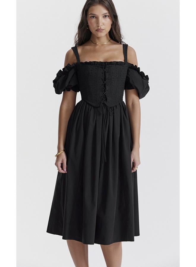 European And American Fashion Classic Women's Elegant Black Off-shoulder Waist Short-sleeved Dress