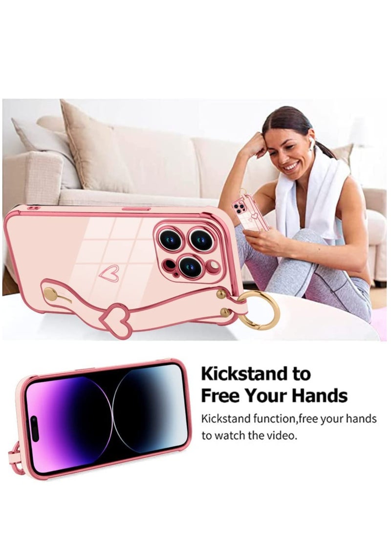 Excefore Pink Case for iPhone 14 Pro Max Case with Finger Strap Bracket Cute Bling Plating Heart Design Phone Cover Shockproof Soft TPU Slim Protective Cover for iPhone 14 Pro Max Pink - Image 4