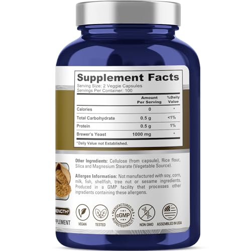 NusaPure Brewers Yeast 1000mg 200 Vegetarian Caps (Non-GMO, Vegan) - Image 2