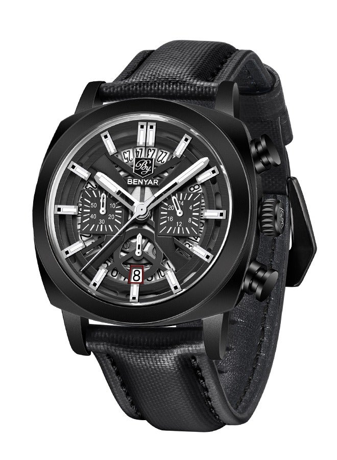 BENYAR Men's Analogue Chronograph Quartz Watch 50M Waterproof Luminous Date Display Luxury Watch Sport Leather Watch,Full Black - Image 1