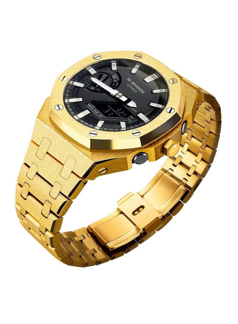 AROAQ GA2100 Metal Watch Band Case Replacement Kit, Stainless Steel Strap Bezel Accessories, Frosted Surface Stainless Steel Bracelet Case Mod For Shock, (Frost gold gold shell black tape) - Image 2