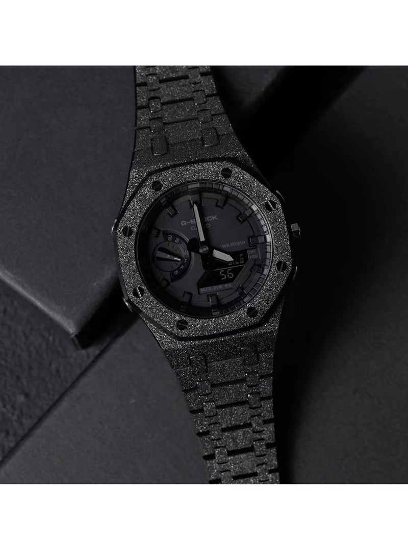 AROAQ GA2100 Metal Watch Band Case Replacement Kit, Stainless Steel Strap Bezel Accessories, Frosted Surface Stainless Steel Bracelet Case Mod For Shock, (Frost gold gold shell black tape) - Image 3