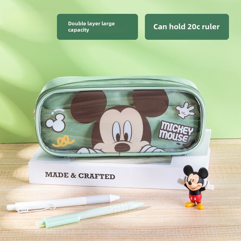 Multifunctional Large Capacity Double-Layer Transparent Pencil Case with Cartoon Characters Green Mickey