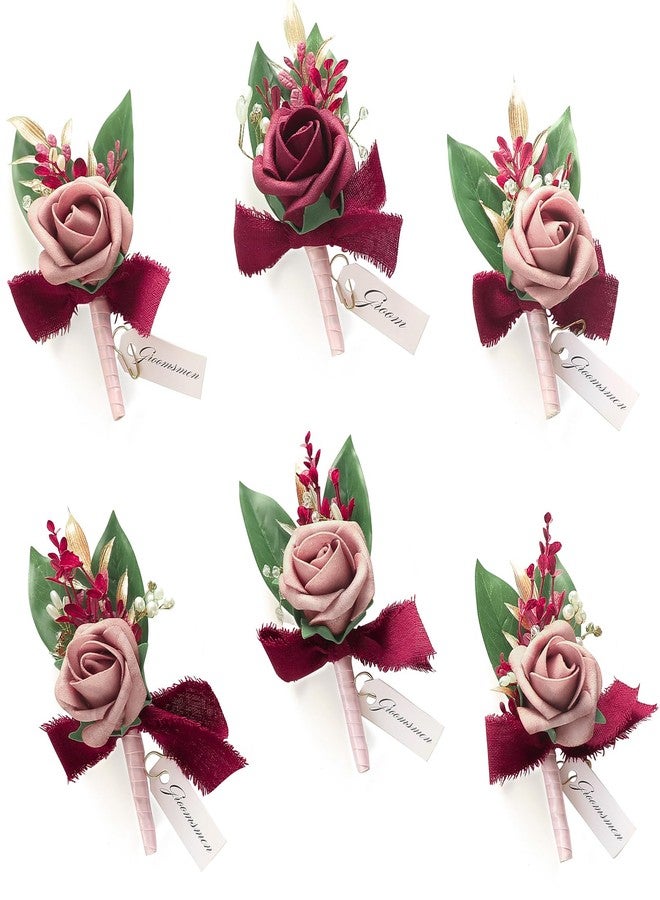 Floroom Set of 6 Dusty Rose & Burgundy Foam Rose Boutonnieres with Pins for Men Wedding for Groom Groomsmen Wedding Ceremonies Anniversaries Formal Dinners Parties Proms - Image 1