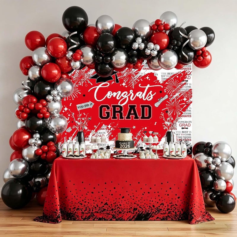 Mocsicka Graduation Backdrop Congrats Grad Red and Sliver Graduate Party Decorations Background Class of 2023 Photography Backdrops (Red, 7x5ft) - Image 2