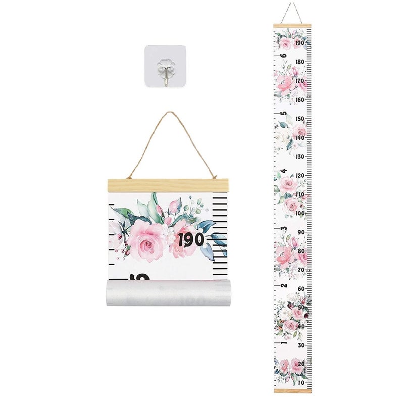LoveNite Baby Growth Chart, Height Wall Chart for Kids, Wooden Frame Canvas Measurement Hanging Ruler for Child’s Room Decoration 79 x 7.9in(Flower) - Image 1